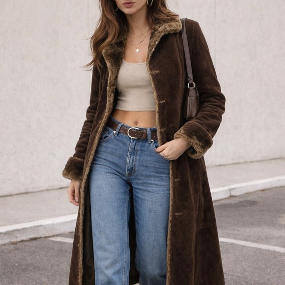 VTG Chocolate Brown Suede Leather Faux Fur Penny Lane Coat Medium Petite 70s - Picture 3 of 15
